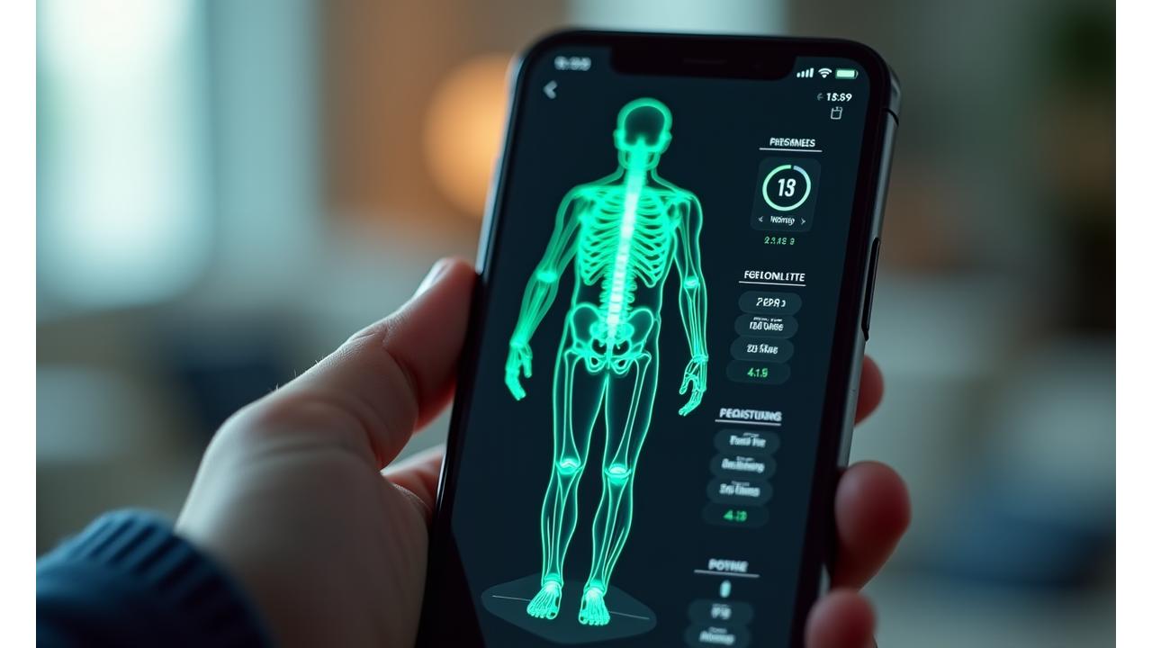 O imagine din aplicația VitaVie, care arată o vizualizare în timp real a analizei posturii detectată de camera smartphone-ului, cu un overlay de puncte cheie scheletice și linii de ghidare verde, indicând aliniamentul corect.