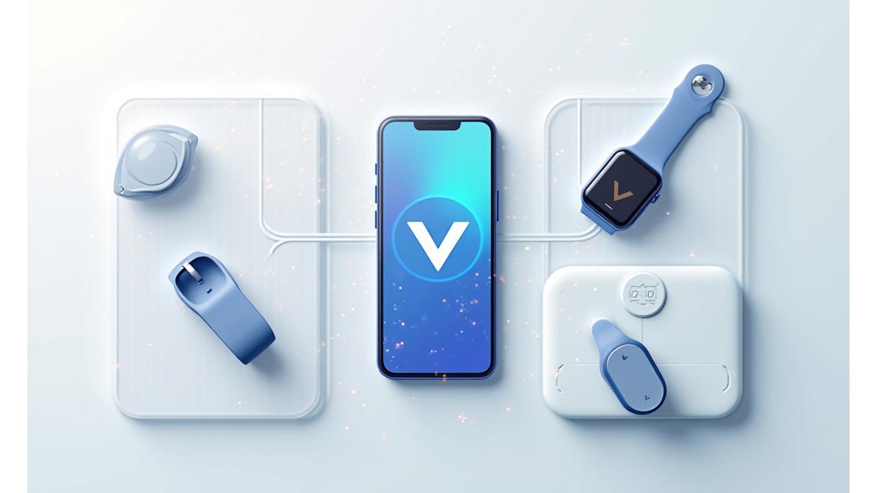 O vizualizare care prezintă o conexiune fluidă între un smartphone cu aplicația VitaVie, un smartwatch (ex: Apple Watch), o bandă de fitness (ex: Fitbit) și o cântar inteligent, toate integrate într-un ecosistem digital de sănătate.
