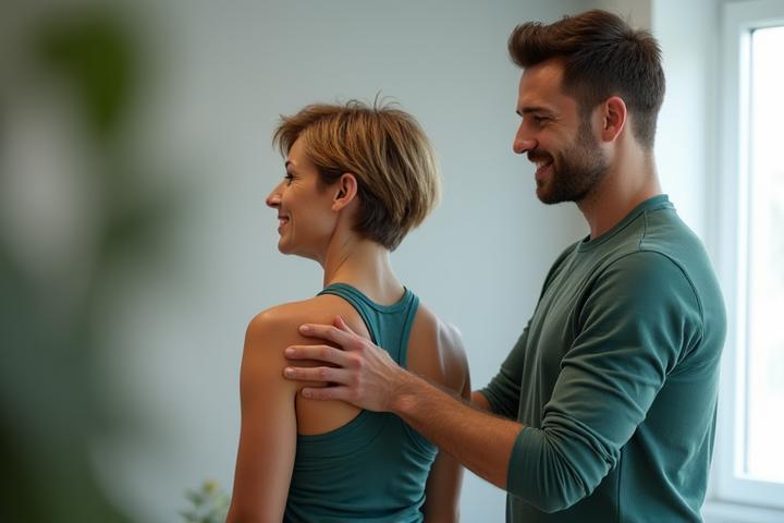 O femeie zâmbitoare face stretching asistată de un coach de wellness, într-un mediu luminos și modern, simbolizând sănătate personalizată.