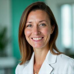 Dr. Ana Popescu, co-fondator VitaVie Solutions, fizioterapeut cu 18 ani experiență, zâmbind într-un halat medical, exemplificând profesionalism și căldură.