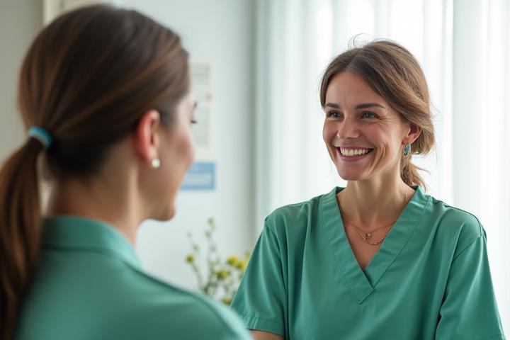Un fondator VitaVie Solutions discutând cu o pacientă într-un cadru modern, subliniind empatia și inovația românească în sănătatea digitală a articulațiilor și spatelui.