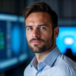 Radu Marinescu, CTO VitaVie Solutions, specialist în healthtech și AI, concentrat în fața unui monitor, simbolizând inovația tehnologică.