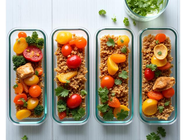 Imagine cu recipiente de meal prep organizate, pline cu mâncare sănătoasă.