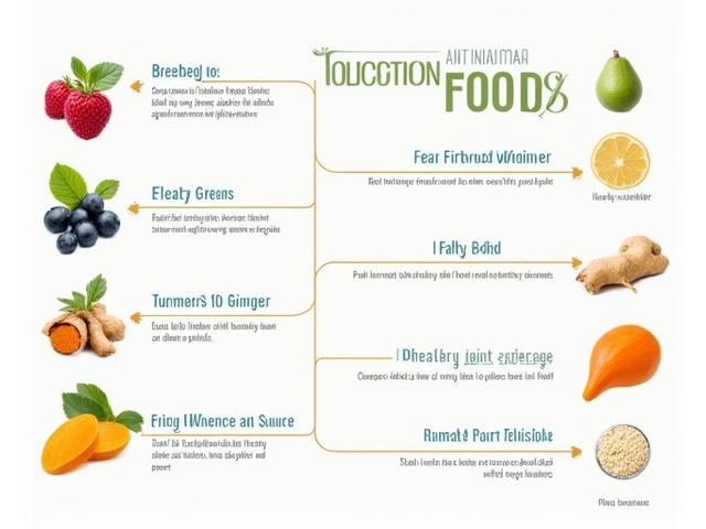 Infografic despre alimentele anti-inflamatoare, cu legume proaspete și pești omega-3.