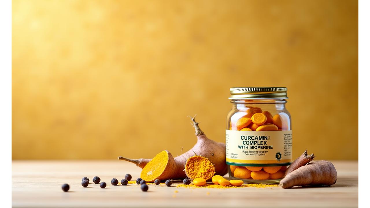 Flacon de turmeric cu piper negru, pentru o absorție maximă și efect antiinflamator puternic, sugerând o soluție naturală de la VitaVie Solutions.