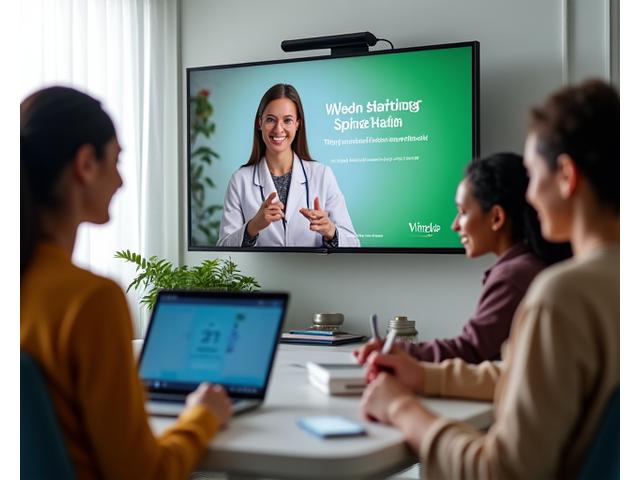 Un grup de oameni participanți la un webinar interactiv, zâmbind și punând întrebări, cu un specialist în sănătate a spatelui explicând pe un ecran mare.