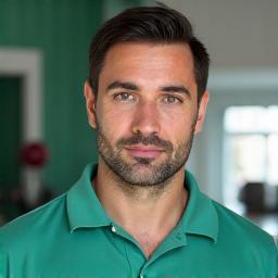 Portretul lui Radu Popescu, un fizioterapeut serios și concentrat, cu echipament de exerciții în fundal.